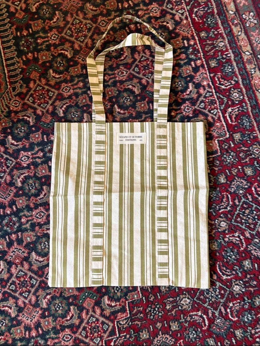 Sezane striped Canvas Tote with Olive and Cream Stripes
